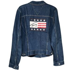 VTG Tommy Hilfiger Signature Women's Jeweled USA Flag Denim Trucker Jacket Y2K